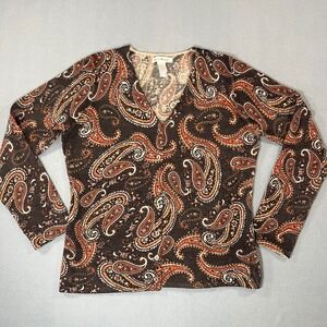 Susan Bristol Paisley Lambs wool Angora Cardigan Sweater Brown V Neck Women‎ L